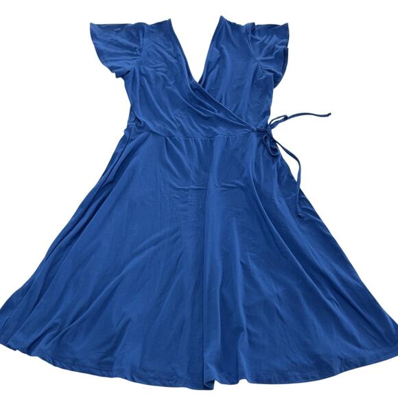 Gilli Dress Womens Small Blue Wrap Short Sleeve Flare Stretch Made USA D13438C - Picture 1 of 6